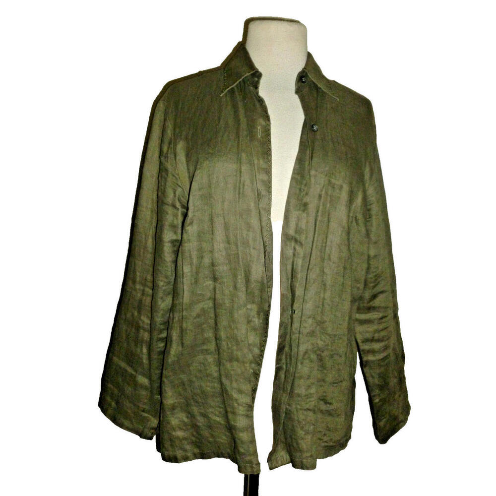 Eddie Bauer Button Shirt Womens Khaki 100% Linen Long Sleeve L Large